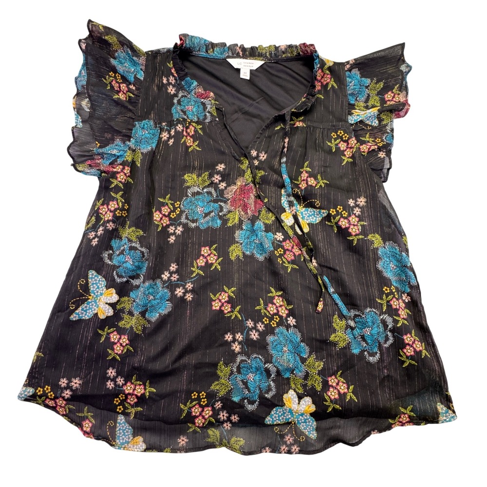 Lauren Conrad Shirt Women's Med Floral Butterfly Flutter Sleeve Sheer Blouse Top